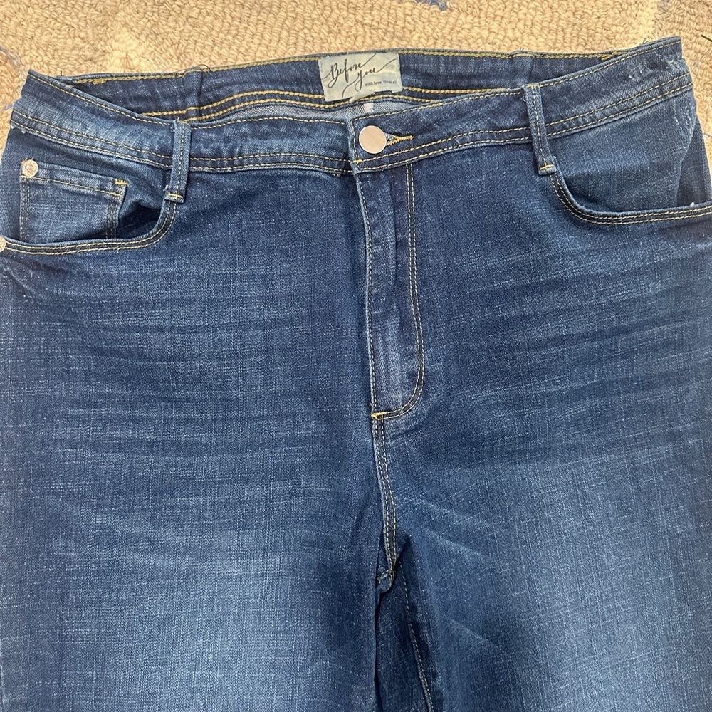 Dark Blue Frayed Hem Wide Leg Jeans - Picture 3 of 6